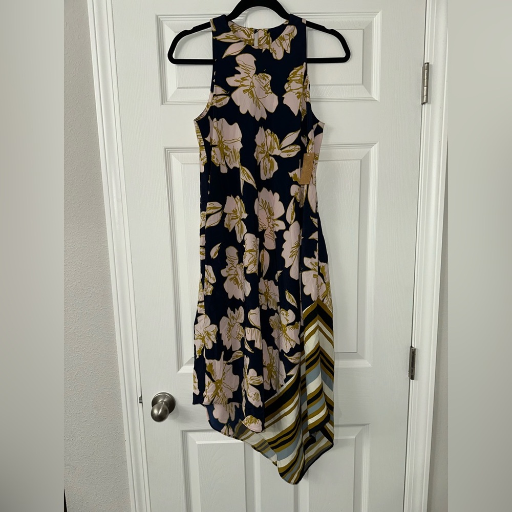 NWT Rachel Roy Navy Blue Blush Floral Asymmetrical Hem Dress With Pockets Sz S